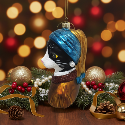 Girl with a Pearl Bead Christmas Bauble Cat Tuxedo