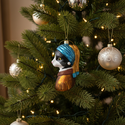 Girl with a Pearl Bead Christmas Bauble Cat Tuxedo