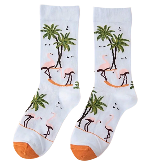 chaussettes flamants roses palmiers