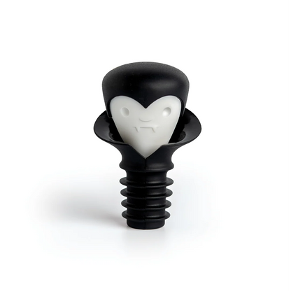 Meet Count Corkula, the black and white vampire bottle stopper with a cartoon face and fangs.