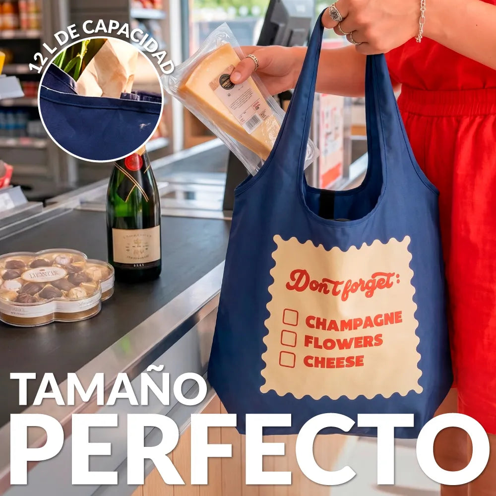 Foldable shopping bag "Don't forget champagne, flowers, cheese"