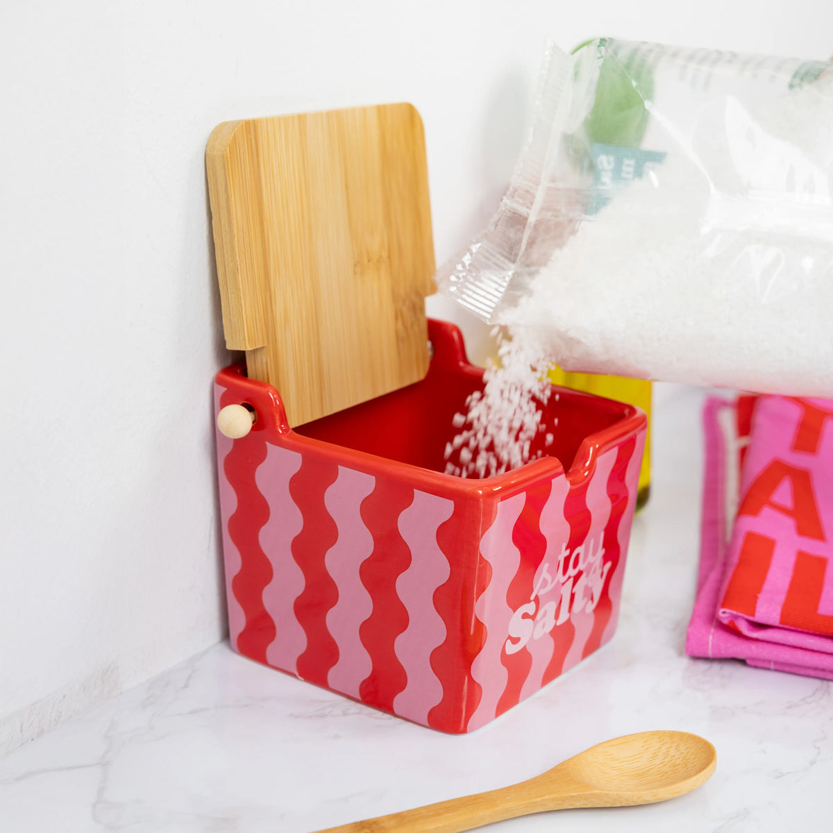 "Stay Salty" salt shaker, pink and red