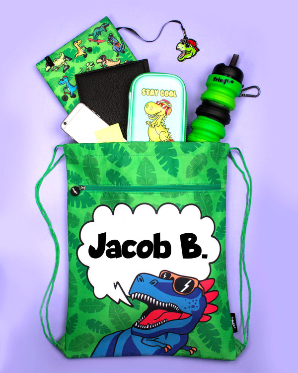 Personalized Drawstring Bag - Dinosaur Blue