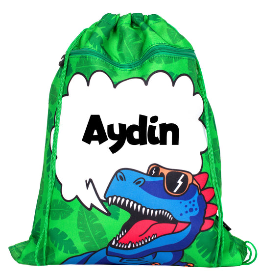 Personalized Drawstring Bag - Dinosaur Blue