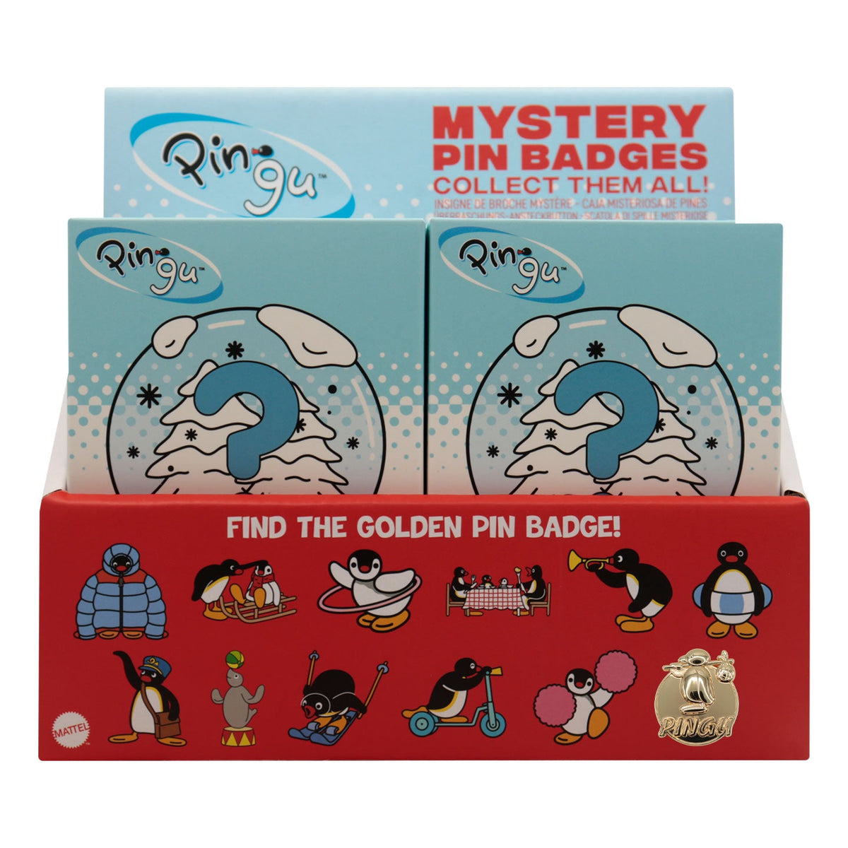 Display of 12 Pingu blind boxes - Mystery pins