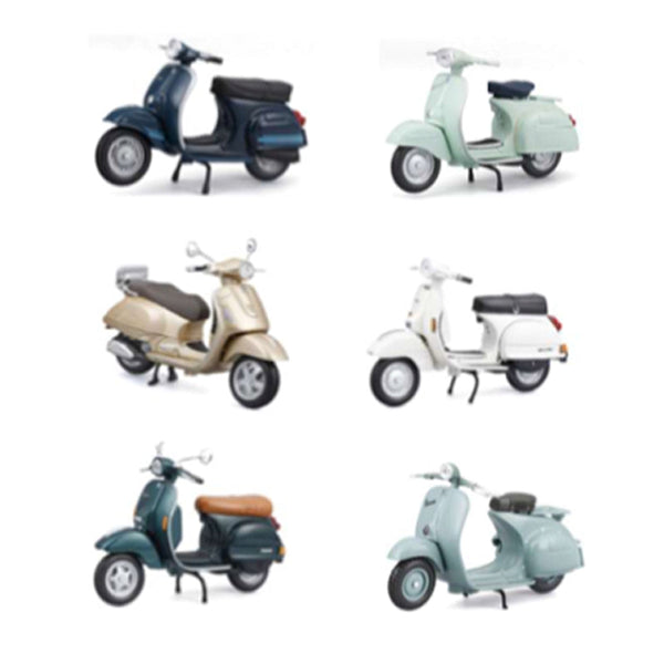 ASSORTMENT OF 1:18 VESPA SCOOTERS AND MOTORCYCLES - 12-PIECE DISPLAY