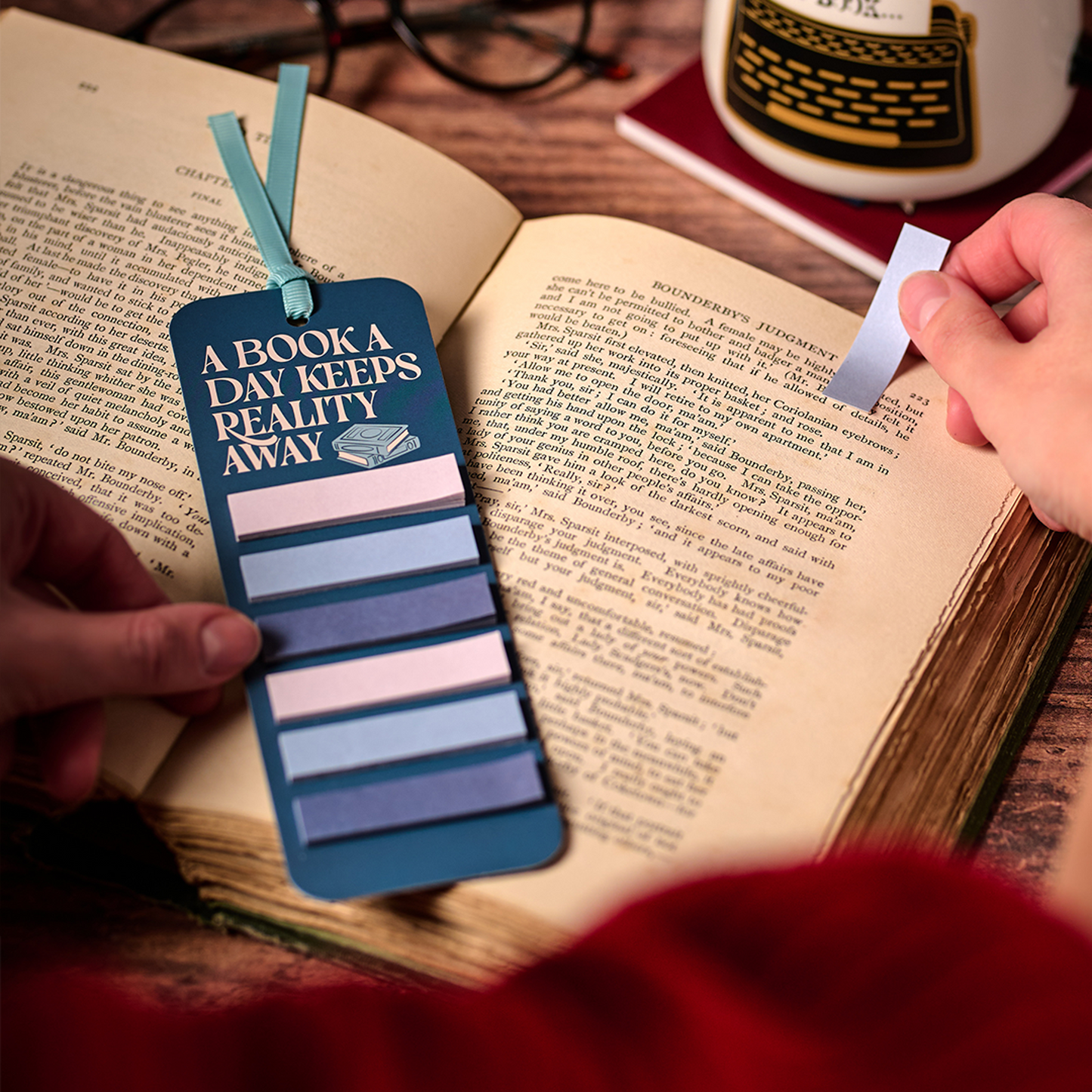 Bookmark with sticky tabs A Book A Day Keeps Reality Away