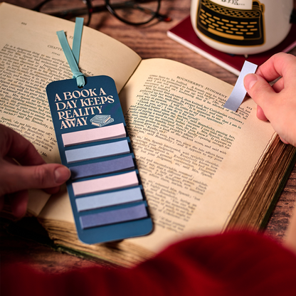 Bookmark with sticky tabs A Book A Day Keeps Reality Away