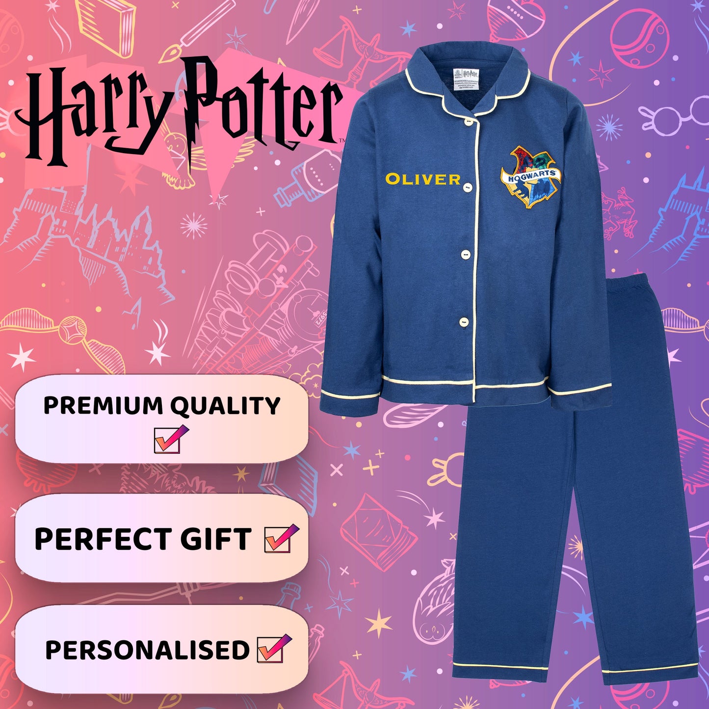 Harry Potter Personalized Pajamas with Buttons - Navy Blue