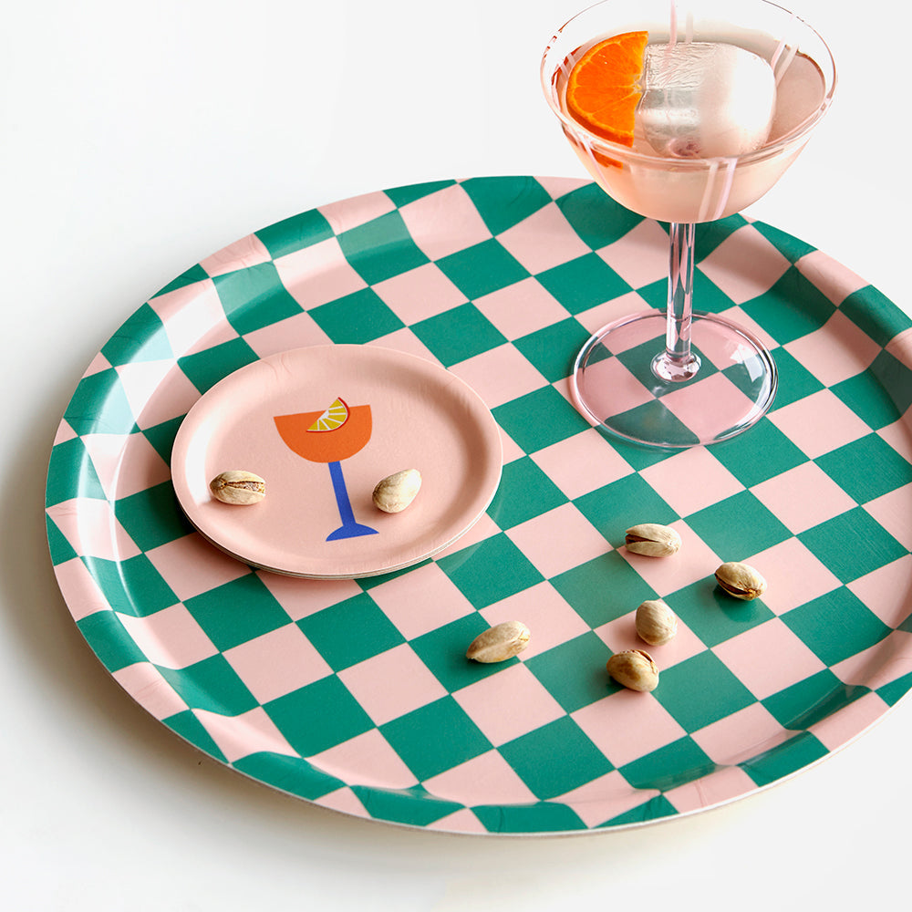 Peach Tulip CHECKER Round Serving Tray - 31 cm