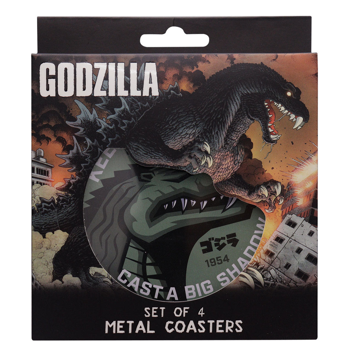 Set of 4 Godzilla printed metal coasters