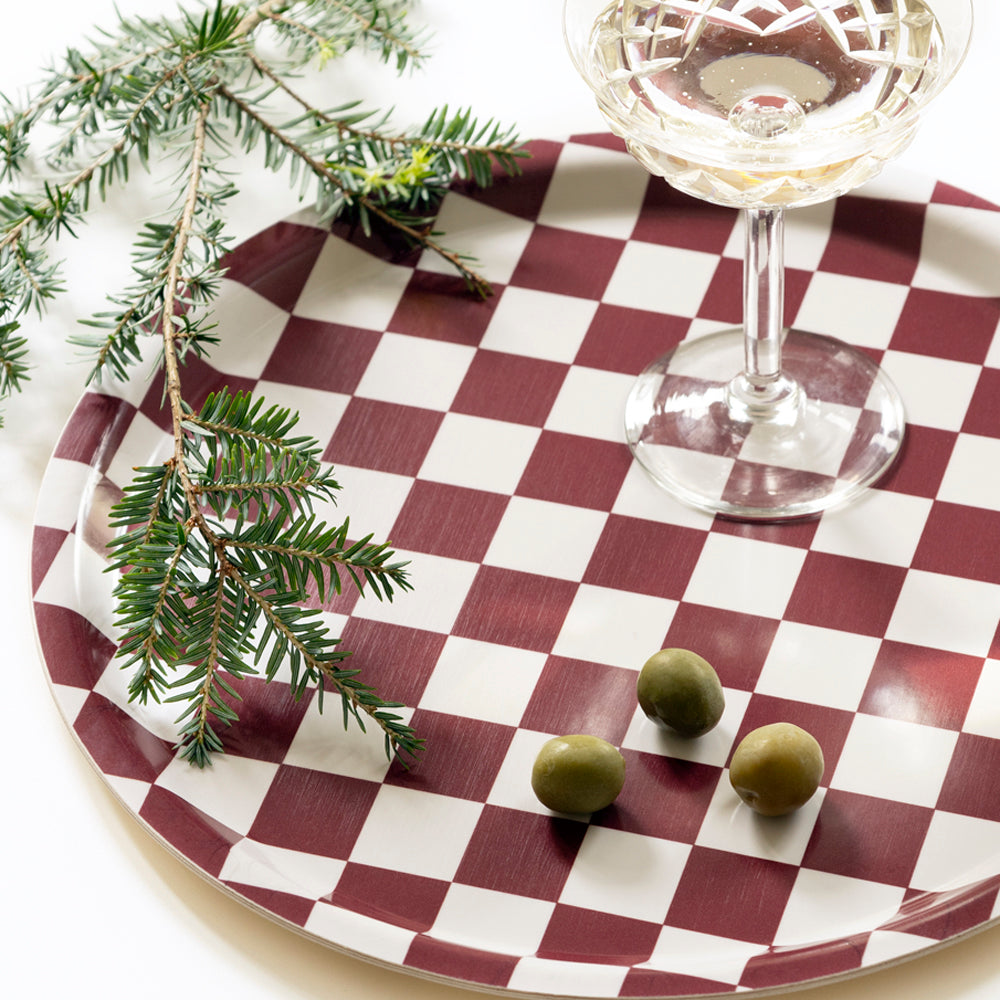 Burgundy/Cream CHECKER Round Serving Tray - 31 cm