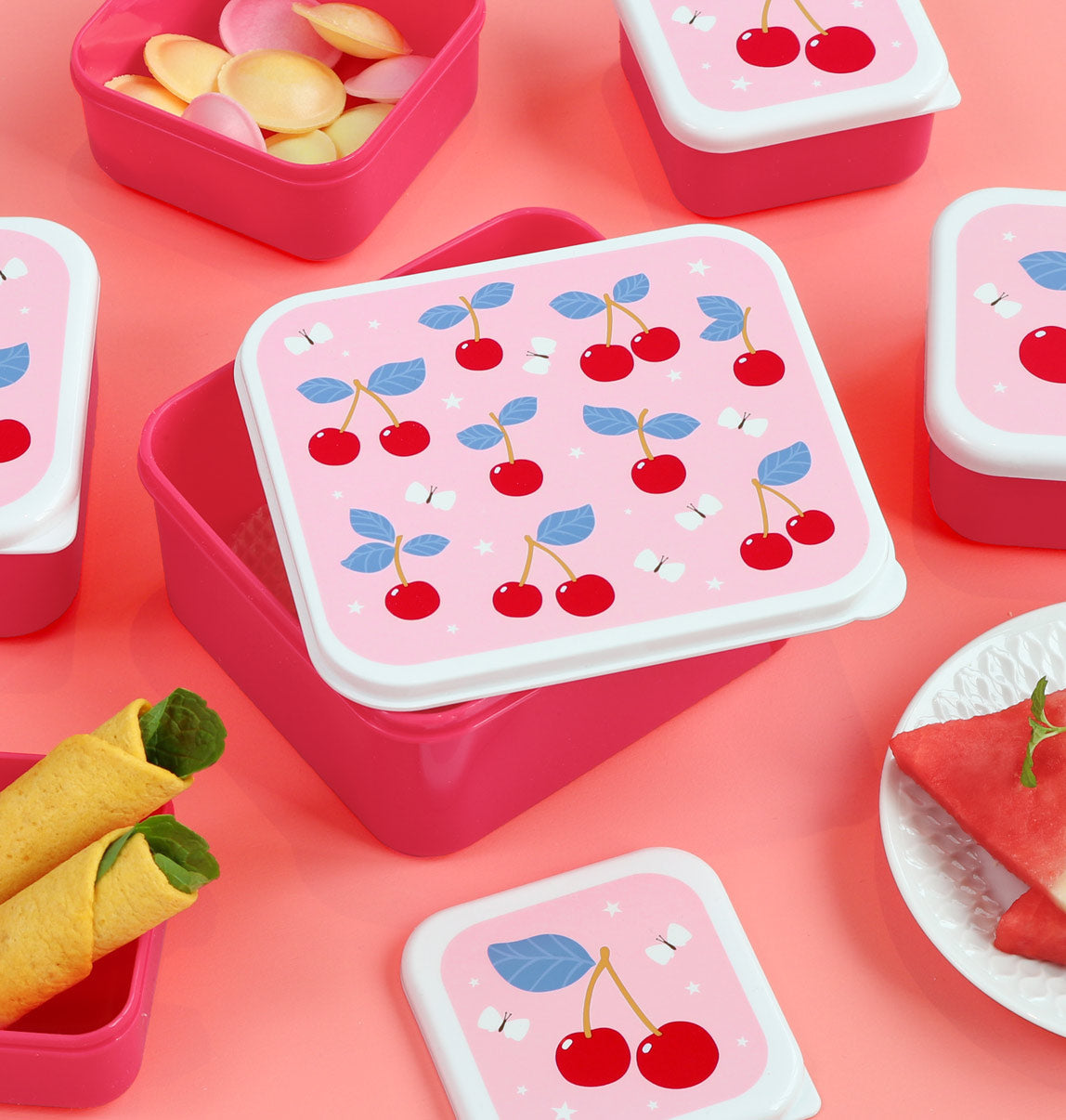 Lot de 4 boîtes repas et goûter - Cerises