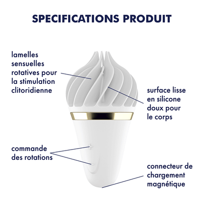 Satisfyer Sweet Treat Spinnator blanc – visuel des caractéristiques fabricant