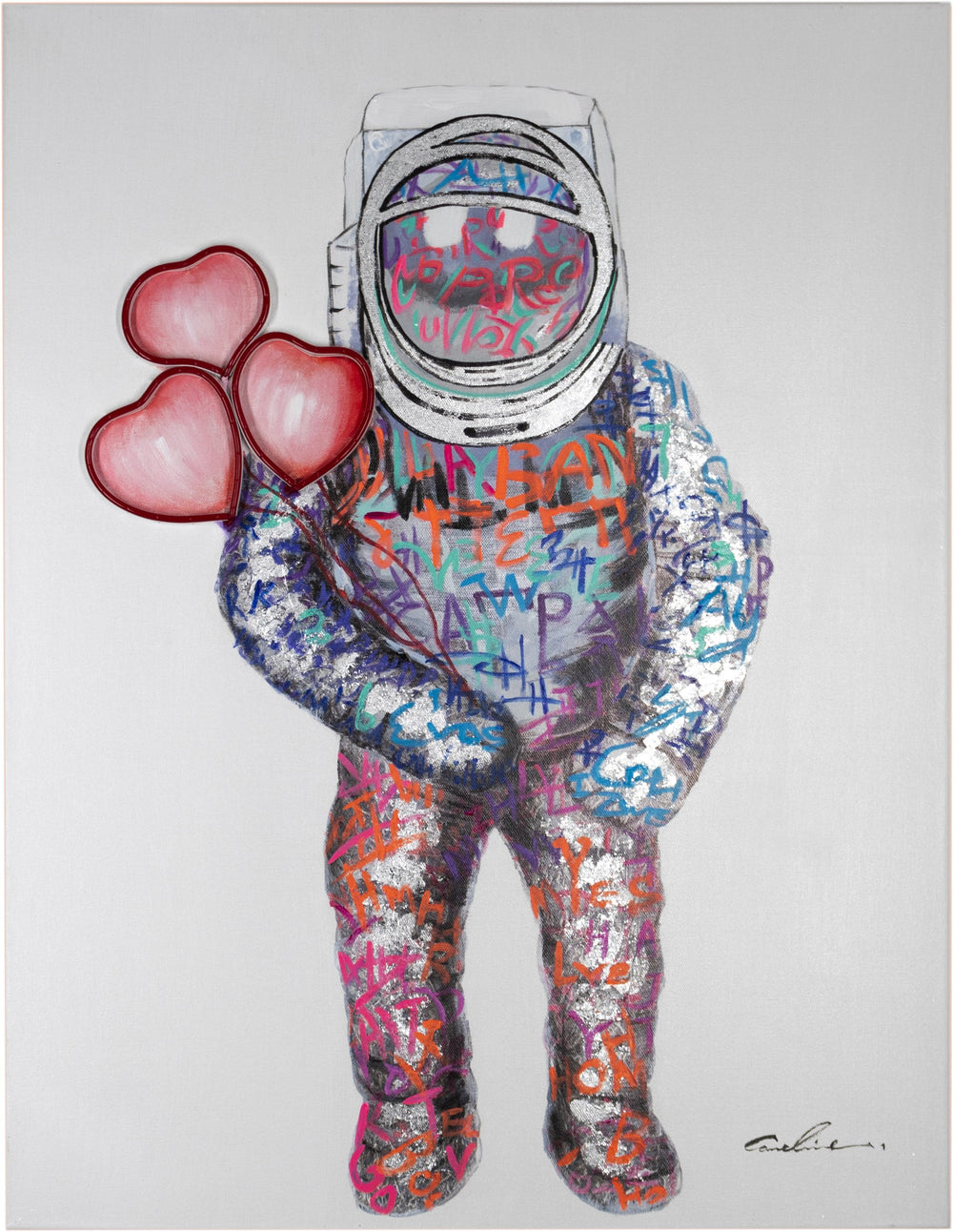 'Spaceman Hearts' Wall Artwork with LED Neon - STANDARD