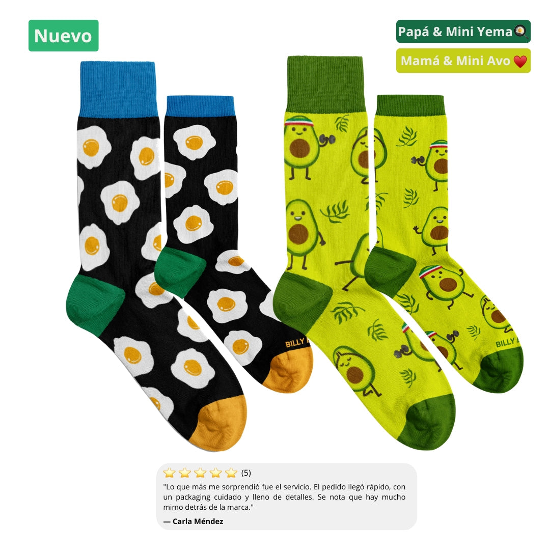👨‍👩‍👧 Pack Chaussettes Familiar – Papá & Mini Yema 🍳 + Mamá & Mini Avo 🥑