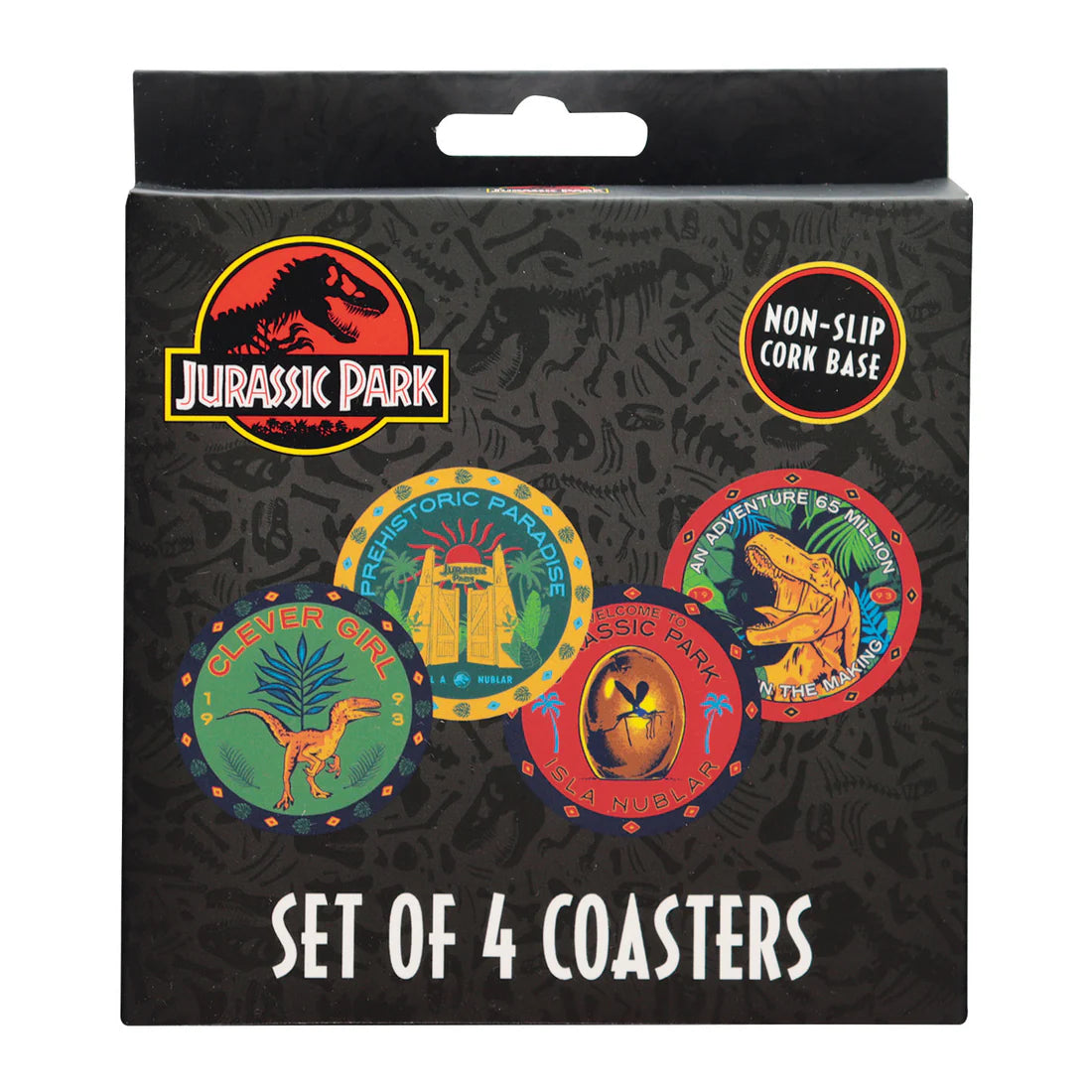 Set of 4 Jurassic Park printed metal coasters