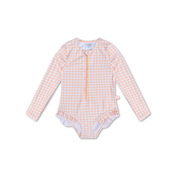 UV Swimsuit Girls With Sleeves - Orange/White - Sunset Grid