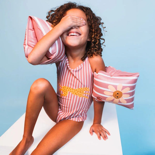Maillot de bain Fille - Rayé Rouge/Blanc - Fleur marguerite