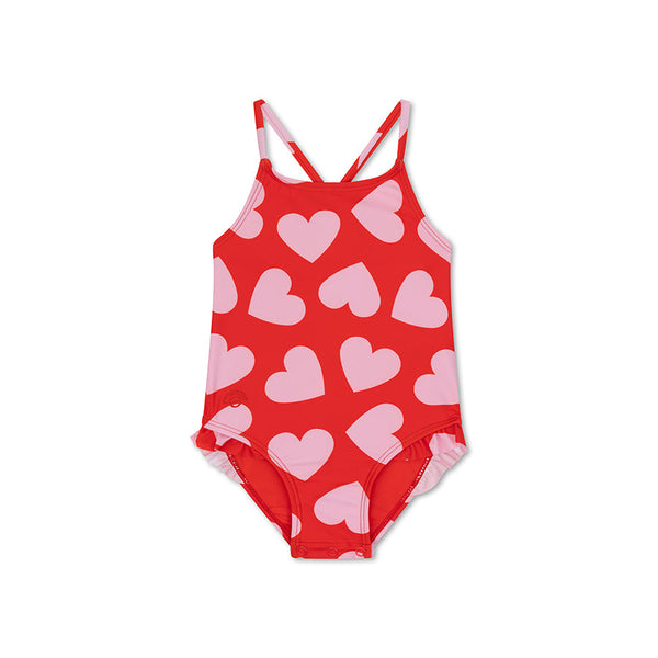 Girls' Swimsuit - Red - Hearts