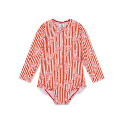 UV Swimsuit Girls With Long Sleeves - Red - Lobster Bay
