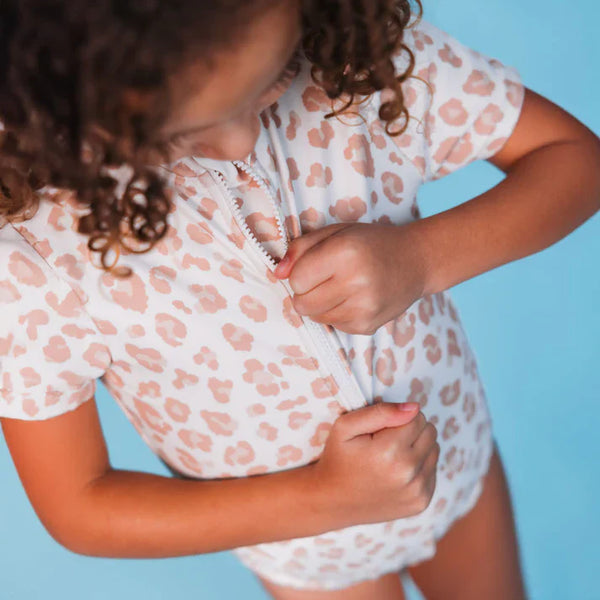 Swimsuit Girls With Short Sleeves - Beige - Leopard