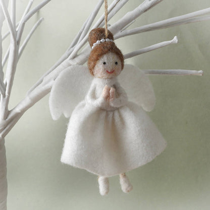 Hanging decoration in the shape of a felt angel with brown hair