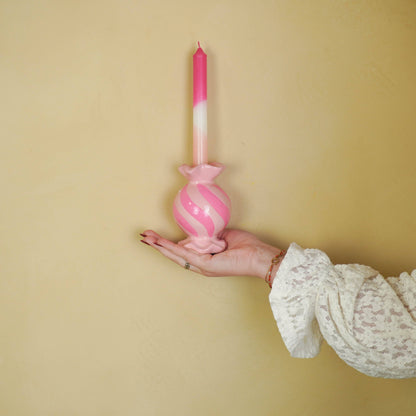 Ronde kaarsenhouder in de vorm van toffee - Keramiek - Roze/Neon - 8,5 x 8,5 x 13 cm