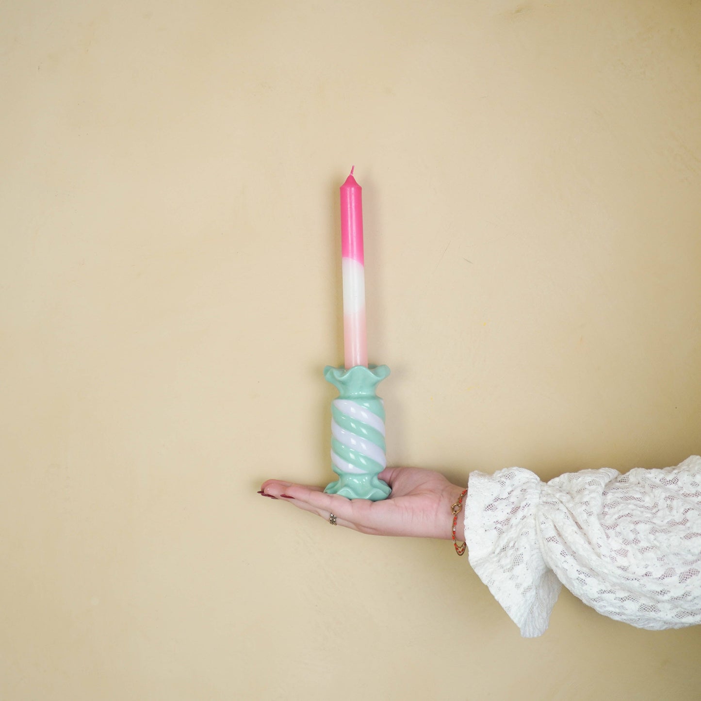 Kandelaar - Toffee Candy - Keramiek - Mint/Lila - 7,5x7,5x13 cm