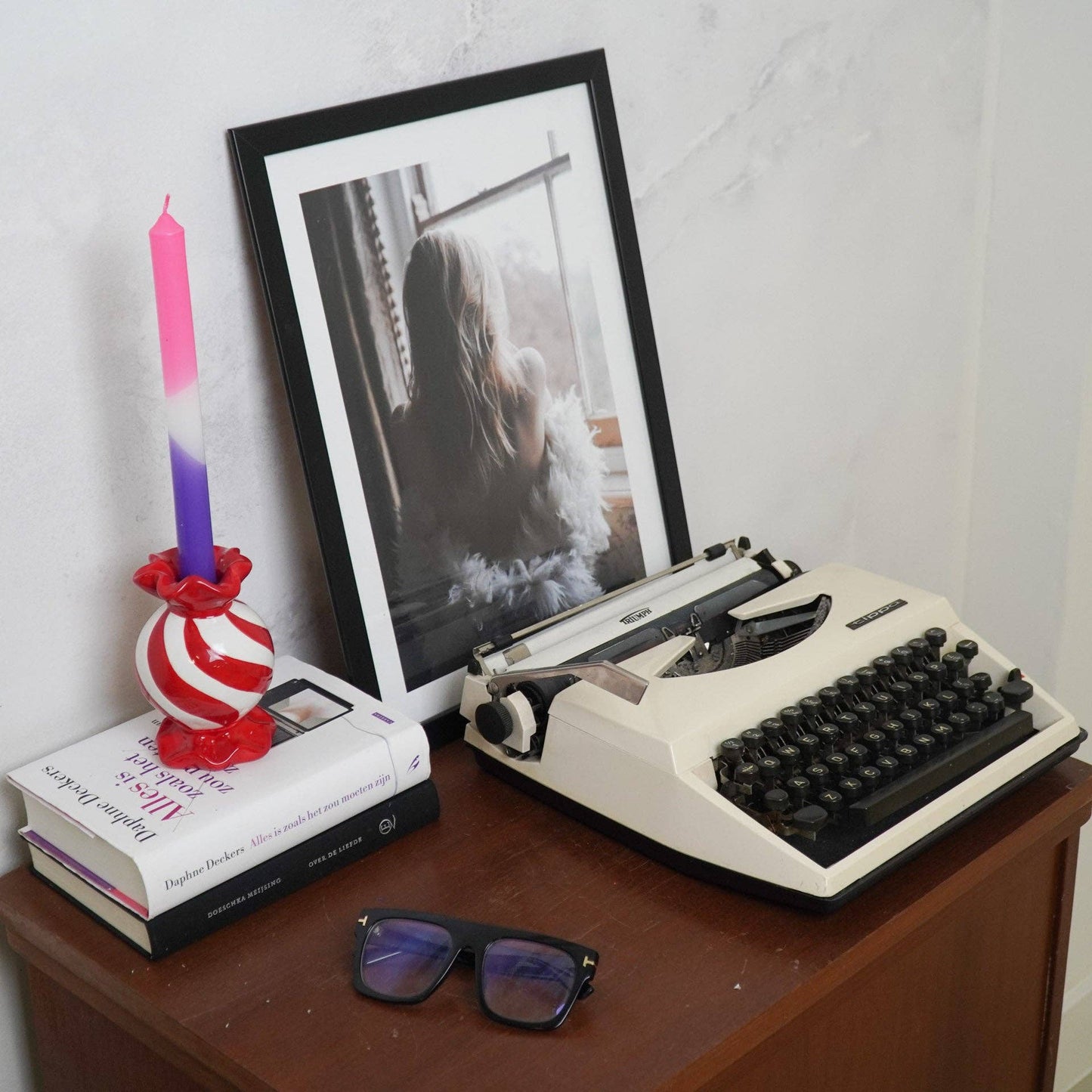 Kandelaar - Toffee Candy - Rood/Wit - 8,5x8,5x13 cm