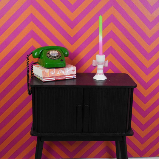 Candlestick - Stripes with Bow - White/Pink - 9x8x14cm