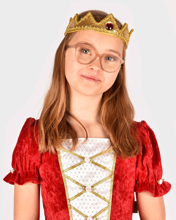 Golden textile king's crown with red stone, velcro closure