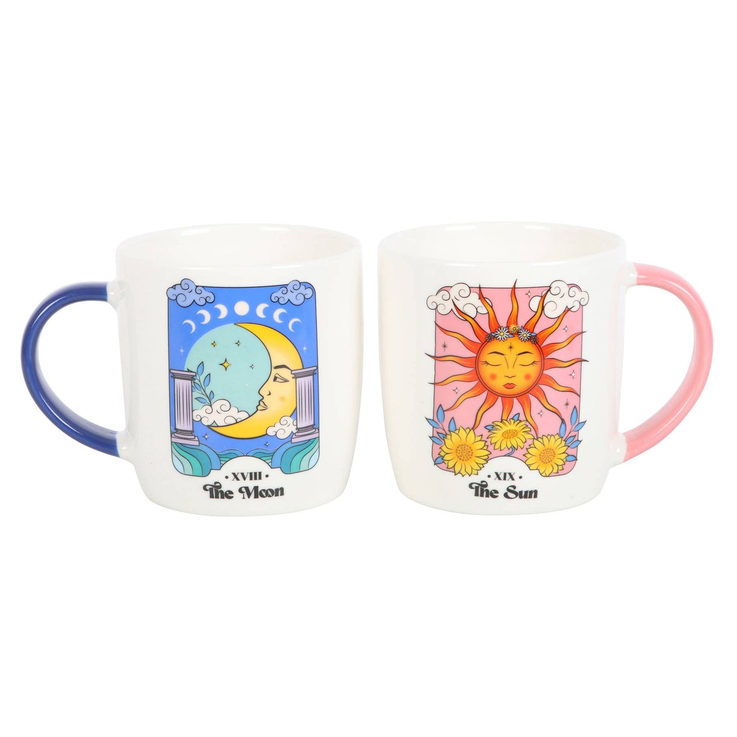 Set hemelse mokken met zon- en maanmotief.