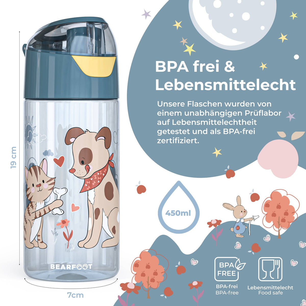 Children's Lightweight Water Bottle - Dog & Cat Blue