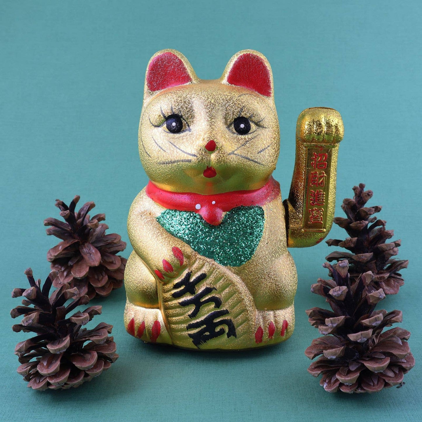 Maneki-neko lucky cat in the shape of a wave, ceramic, 17 cm, gold