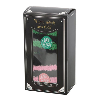 Set of 2 pairs of fluffy striped socks: Good Witch, Bad Witch