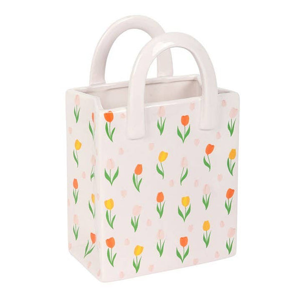 Tulip-patterned ceramic bag-shaped vase for spring flowers