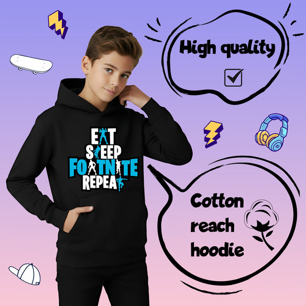 Fringoo Gamer Hoodie Black for Boys Cotton Rich Soft Hooded Sweatshirt - Eat Fortnite Black