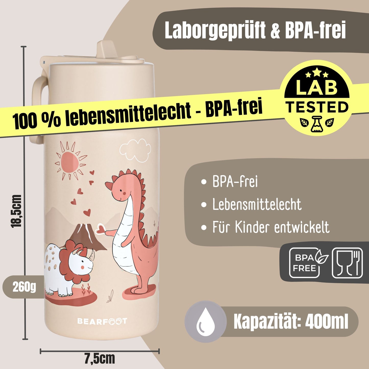 Thermo Kids Stainless Steel Drinking Bottle - Dinosaurs brown
