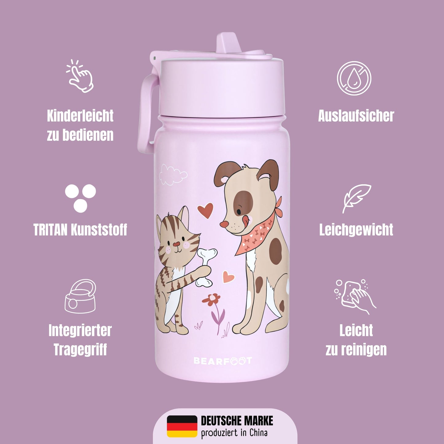 Thermo Kids Stainless Steel Water Bottle - Dog&Cat Purple