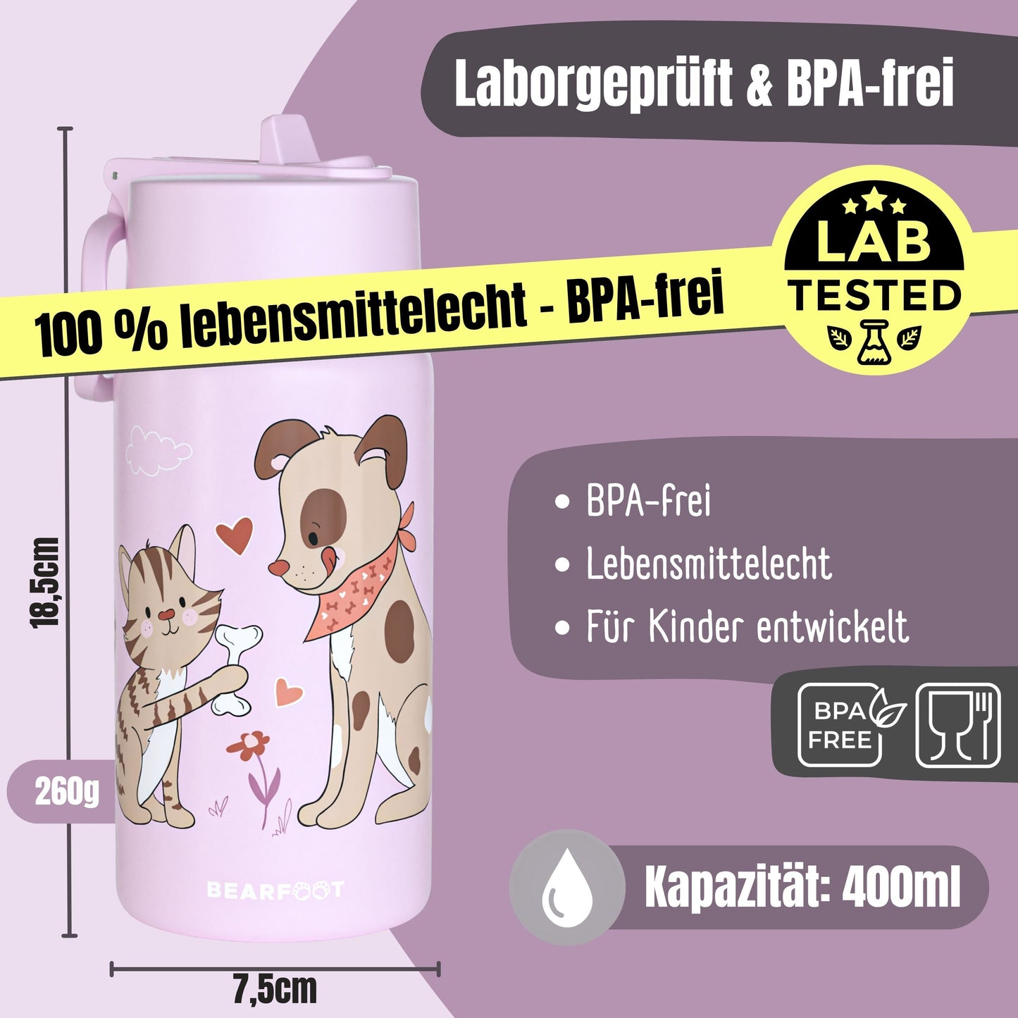 Thermo Kids Stainless Steel Water Bottle - Dog&Cat Purple