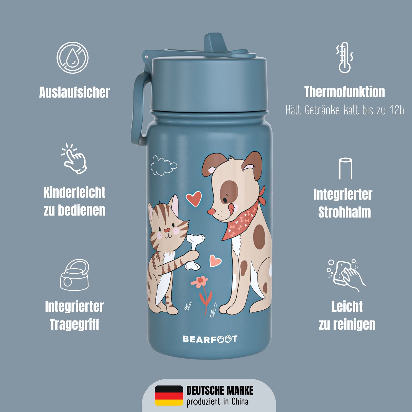Thermo Kids Water Bottle Stainless Steel - Dog & Cat blue