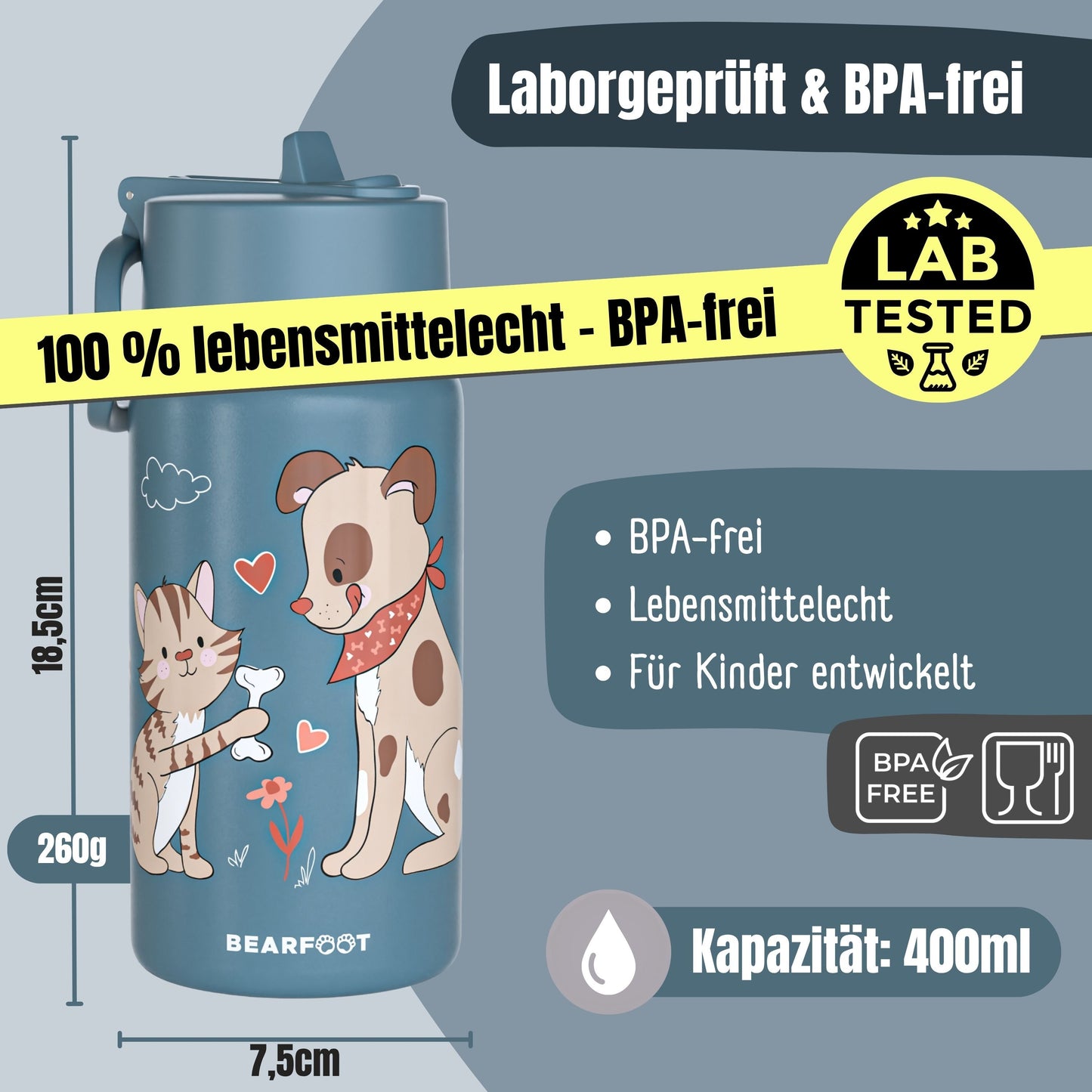 Thermo Kids Water Bottle Stainless Steel - Dog & Cat blue