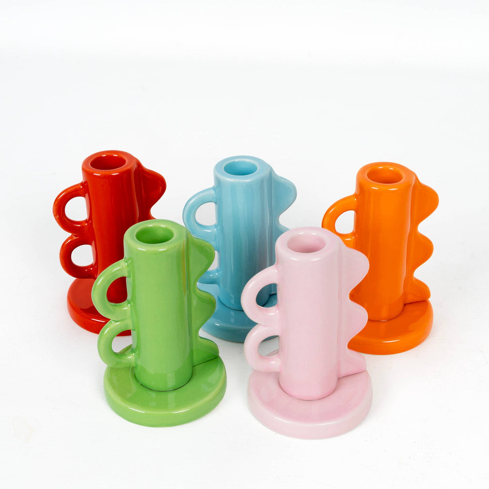 Vintage roze kandelaar met dubbele handgreep