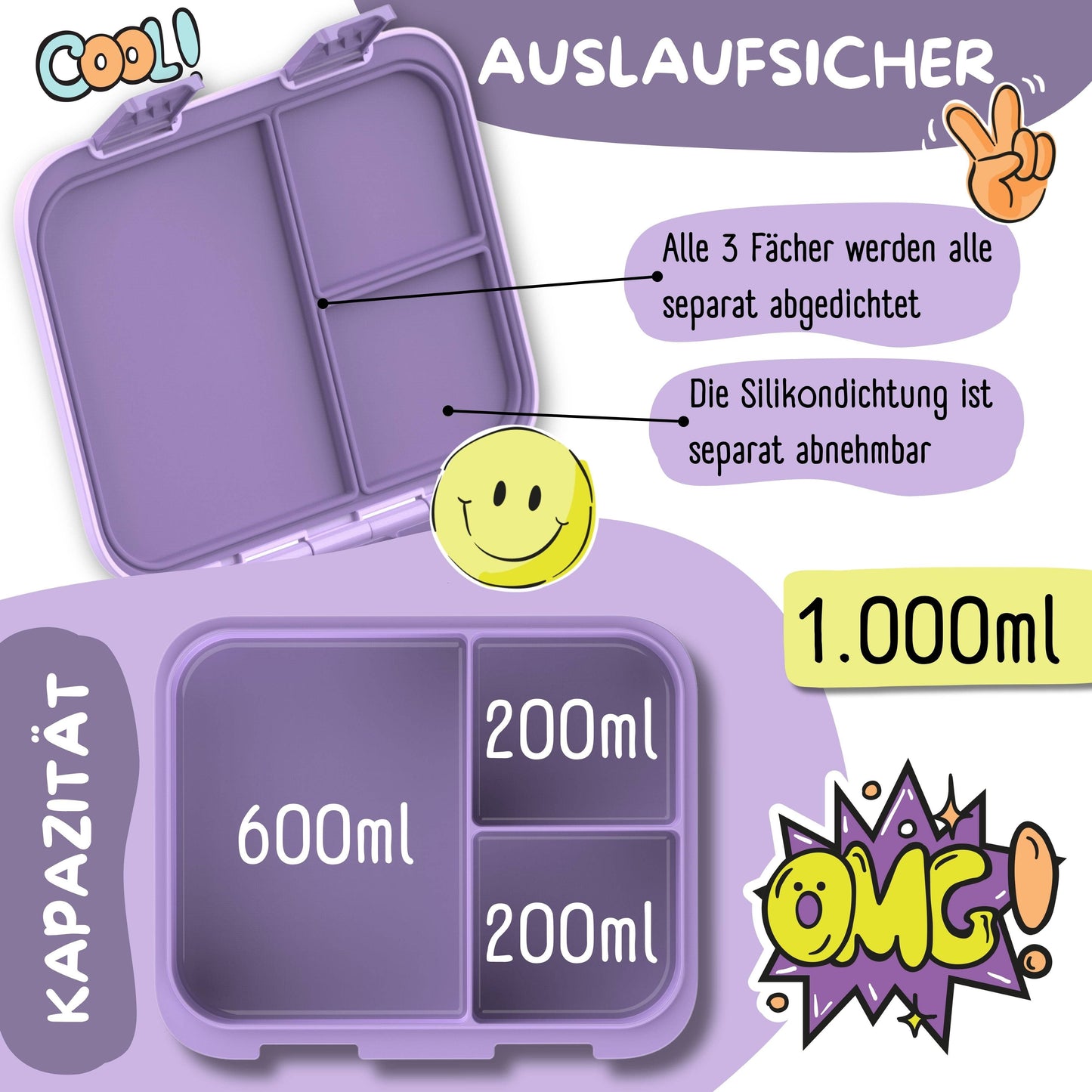 Compartmentalized, leakproof lunch box - Purple Mermaid