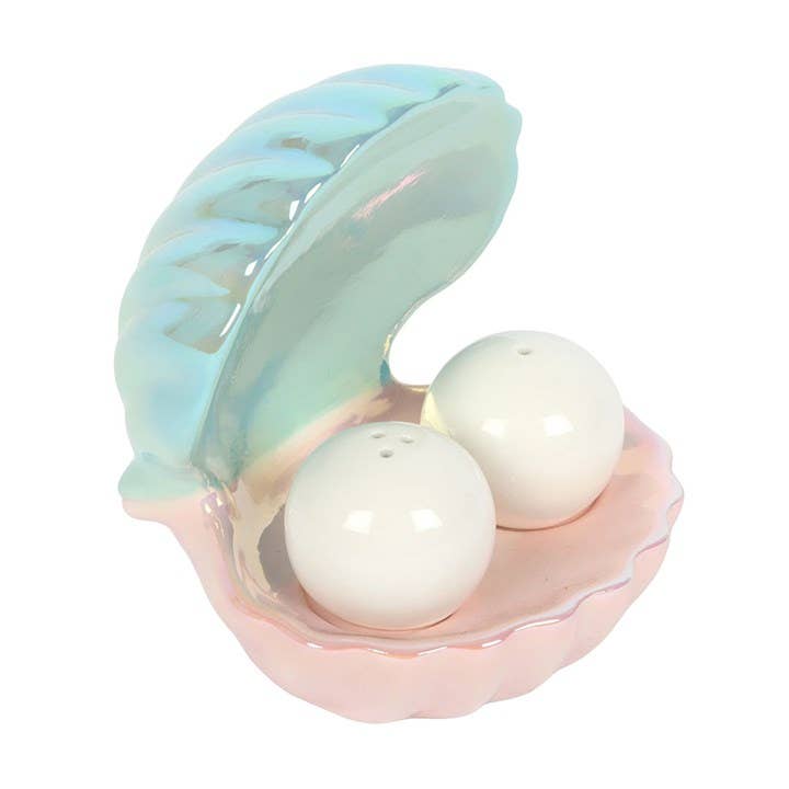 Iridescent clam shell salt and pepper shaker