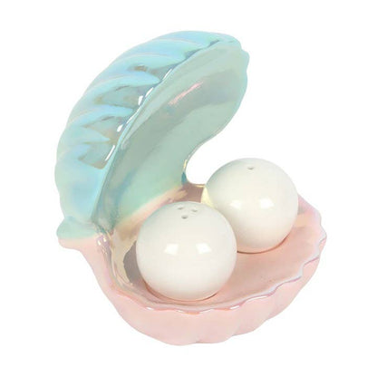 Iridescent clam shell salt and pepper shaker