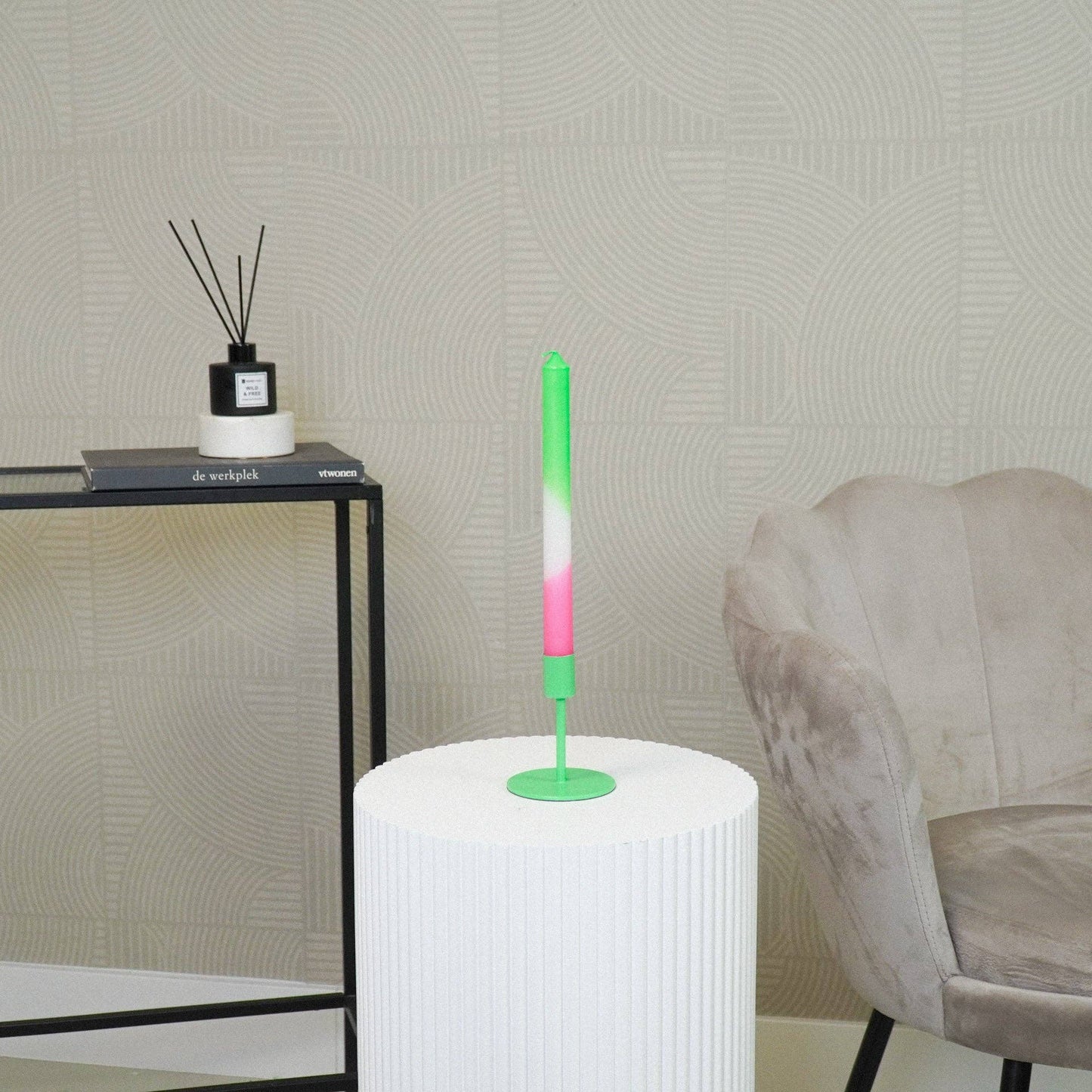 Candlestick - Basic - Metal - Neon Green - 8x8x10cm