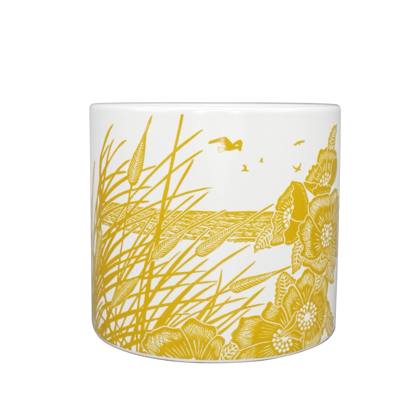 Keramische bloempot met riet en vogels, mosterdgeel