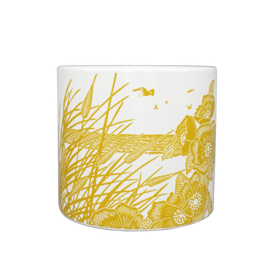 Pot céramique Roseaux, oiseaux, jaune moutarde